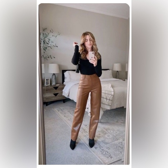 NEW ZARA Light Brown Faux Leather High Rise Slim Fit Flare Leg Pants w/ Slit - Picture 4 of 16